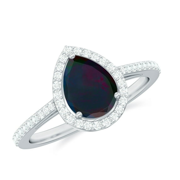Rosec Jewels Classic Black Opal Teardrop Engagement Ring with Halo - 6X8 mm - Real Black Opal Diamond Ring - AAA Quality, 925 Sterling Silver, US 11.00