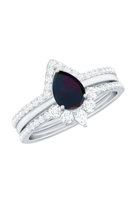 Natural Black Opal Bridal Ring Set with Moissanite - 3 Piece Pear Shaped Engagement Ring with Enhancer - AAA Grade, 925 Sterling Silver, US 4.00
