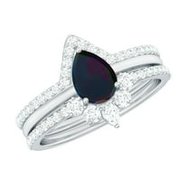 Rosec Jewels Natural Black Opal Bridal Ring Set with Moissanite - 3 Piece Pear Shaped Engagement Ring with Enhancer - AAA Grade, 925 Sterling Silver, US 4.00