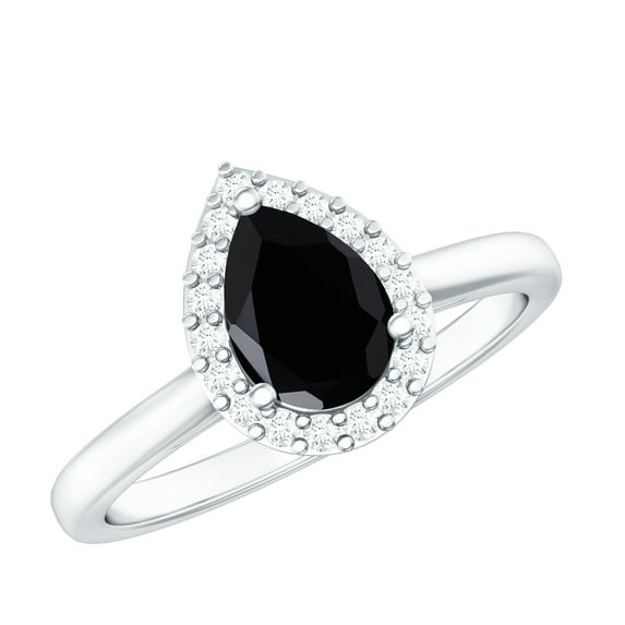 Rosec Jewels Real Black Spinel Teardrop Engagement Ring with Halo - 5X7 mm - Black Spinel Diamond Ring - AAA Quality, 10K White Gold, US 8.00