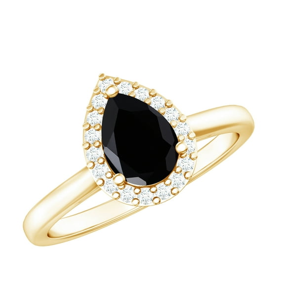 Rosec Jewels Real Black Spinel Teardrop Engagement Ring with Halo - 5X7 mm - Black Spinel Diamond Ring - AAA Quality, 14K Yellow Gold, US 9.50