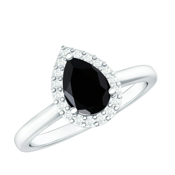 Rosec Jewels Real Black Spinel Teardrop Engagement Ring with Halo - 5X7 mm - Black Spinel Diamond Ring - AAA Quality, 925 Sterling Silver, US 4.00