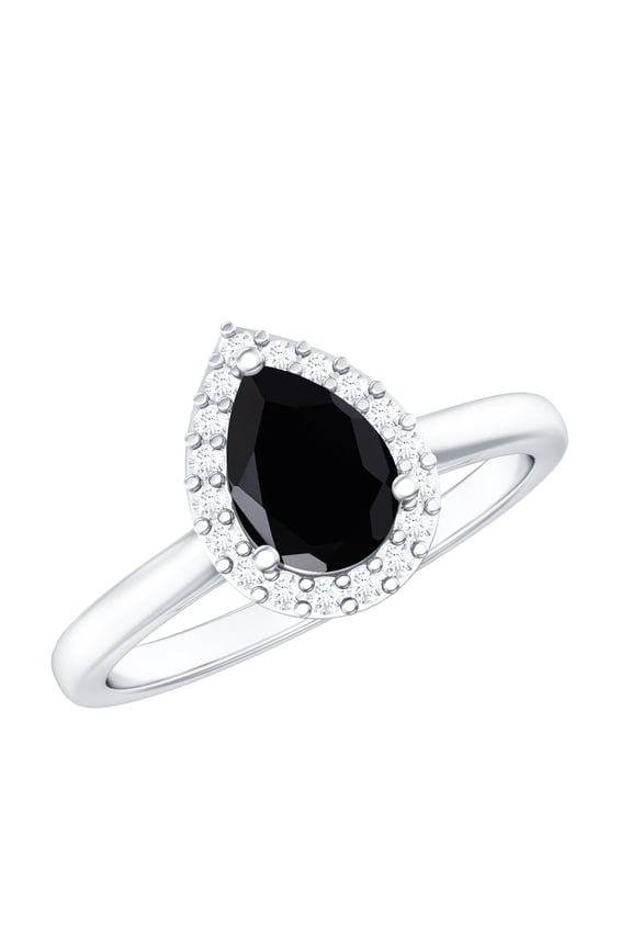 Real Black Spinel Teardrop Engagement Ring with Halo - 5X7 mm - Black Spinel Diamond Ring - AAA Quality, 925 Sterling Silver, US 4.00