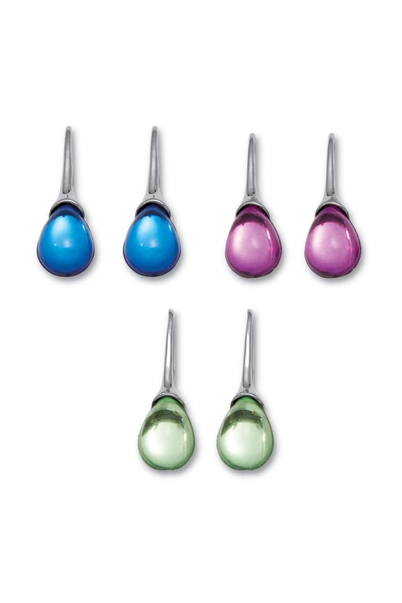 Pear Shaped Colorful Crystal Silvertone Drop Earrings, 3-Pair Set