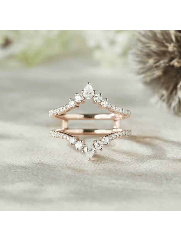 Pear Shaped Diamond Wedding Ring Enhancer- Stacking Promise Ring in 14K Rose Gold Vermeil- Mother's day Special