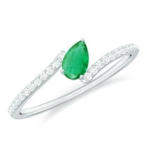 Rosec Jewels Pear Shaped Emerald Promise Ring for Women with Diamond - AAA Grade, 925 Sterling Silver, US 4.00