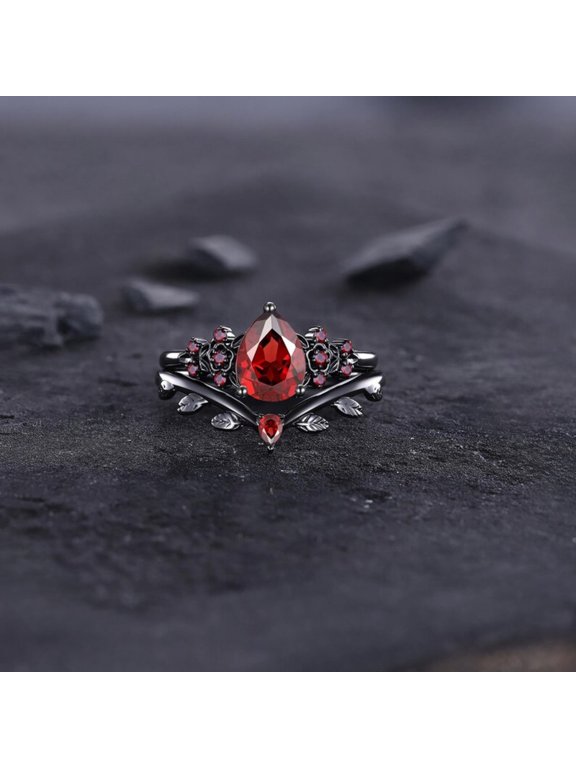 Pear Shaped Garnet Engagement Ring Set in 14K Black Gold Vermeil – Floral Twig Bridal Wedding Band – Art Deco Vintage Cluster Ring Set for Her
