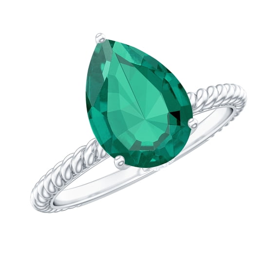 Rosec Jewels Certified Lab Grown Emerald Teardrop Engagement Ring with Surprise Diamond (2 Carat, 7X10mm Pear Shape, AAAA Grade), 925 Sterling Silver, US 3.50