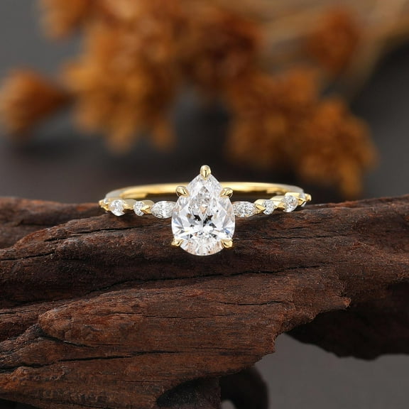 Pear Shaped Lab Diamond Engagement Ring, Marquise Cut Wedding Ring Women, Yellow Gold Bridal Ring, Half Eternity Anniversary Promise Ring