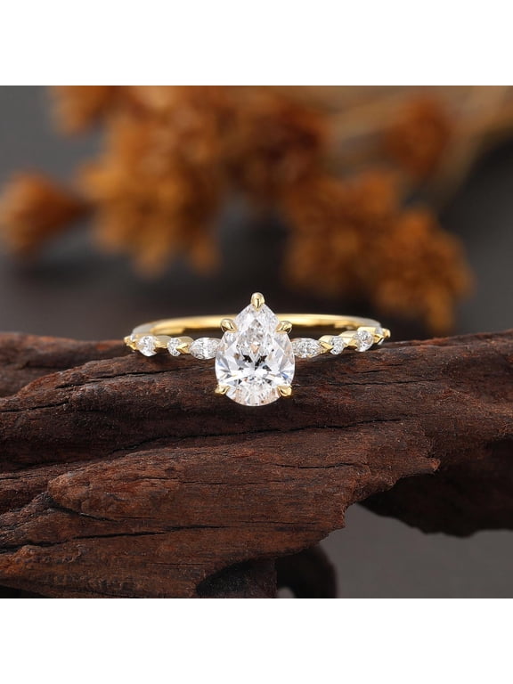 Pear Shaped Lab Diamond Engagement Ring, Marquise Cut Wedding Ring Women, Yellow Gold Bridal Ring, Half Eternity Anniversary Promise Ring
