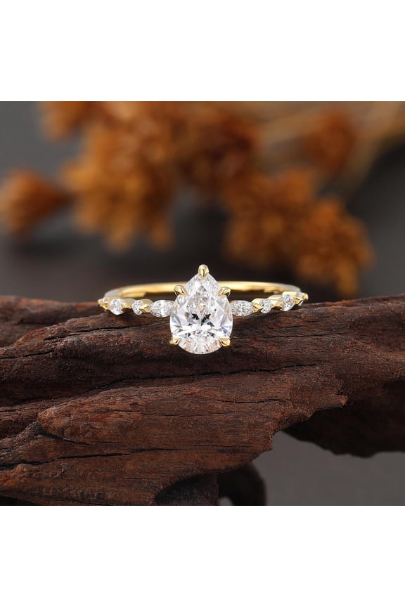 Pear Shaped Lab Diamond Engagement Ring, Marquise Cut Wedding Ring Women, Yellow Gold Bridal Ring, Half Eternity Anniversary Promise Ring