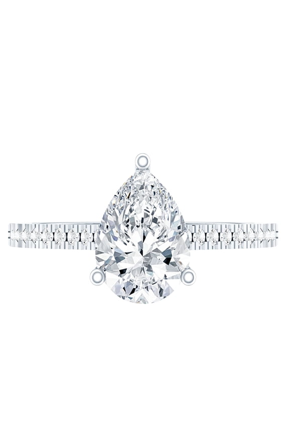 Pear Shaped Lab Diamond Engagement Ring with Side Stones - 1 Carat - EF-VS Quality, 14K White Gold, US 7.00
