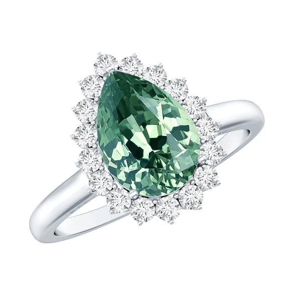 Rosec Jewels Lab Grown Green Sapphire Teardrop Engagement Ring with Halo - 8X10 mm - Certified Sapphire Moissanite Ring for Women, 10K White Gold, US 8.50