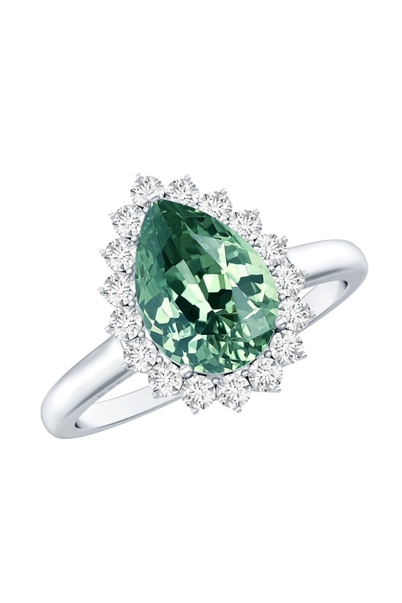 Lab Grown Green Sapphire Teardrop Engagement Ring with Halo - 8X10 mm - Certified Sapphire Moissanite Ring for Women, 925 Sterling Silver, US 4.00