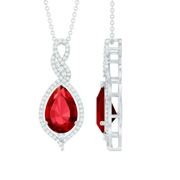 Rosec Jewels Pear Shaped Lab Grown Ruby Pendant with Diamond for Women (AAAA Grade, 12X8 mm), 14K White Gold