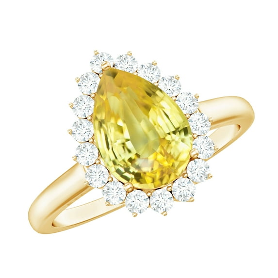 Rosec Jewels Lab Grown Yellow Sapphire Pear Shaped Engagement Ring with Halo - Yellow Sapphire Diamond Ring - AAAA Quality, 18K Yellow Gold, US 5.50
