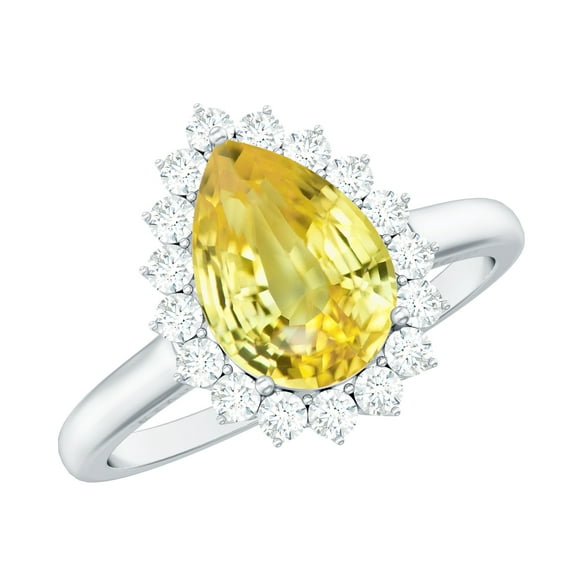 Rosec Jewels Lab Grown Yellow Sapphire Pear Shaped Engagement Ring with Halo - Yellow Sapphire Diamond Ring - AAAA Quality, 925 Sterling Silver, US 4.00
