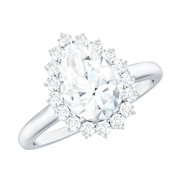 Rosec Jewels Moissanite Pear Shape Engagement Ring with Halo - 2 Carat - 7X10 mm - D-VS1 Quality Certified, 18K White Gold, US 4.00