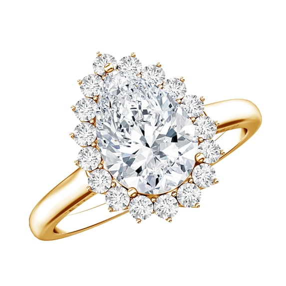 Rosec Jewels Moissanite Pear Shape Engagement Ring with Halo - 2 Carat - 7X10 mm - D-VS1 Quality Certified, 18K Yellow Gold, US 3.00