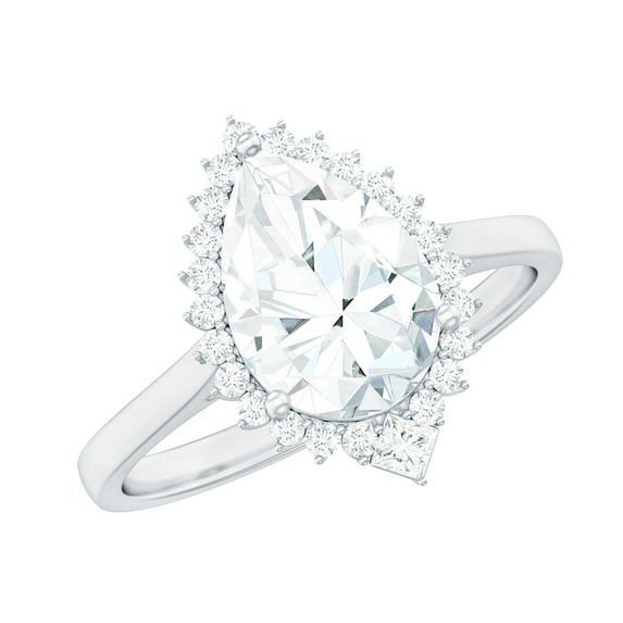 Rosec Jewels Certified Moissanite Teardrop Engagement Ring with Halo - 7X10 mm - Cocktail Ring - D-VS1 Grade, 925 Sterling Silver, US 4.00