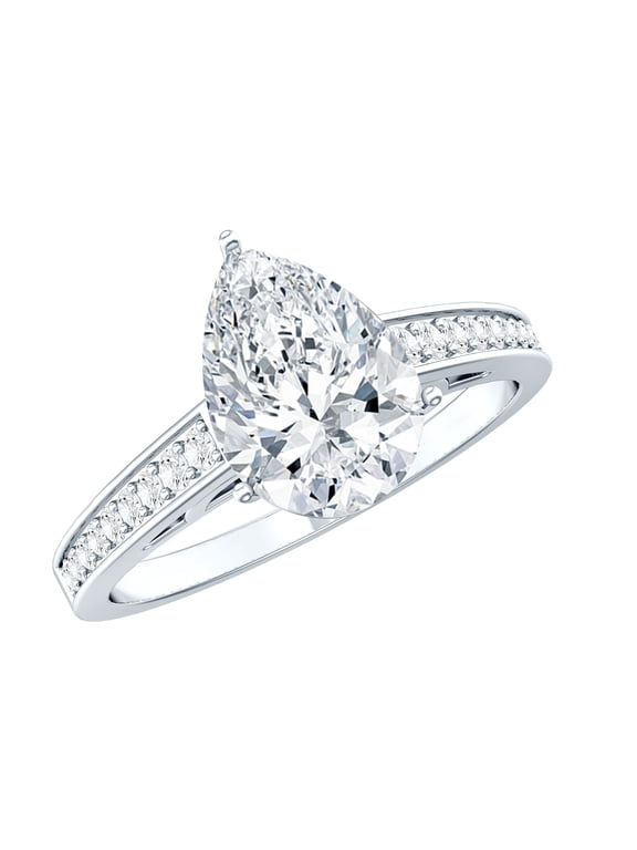 Pear Shaped Moissanite Engagement Rings 2 Carat - 7x10 mm - D-VS1 Quality, 925 Sterling Silver, US 10.50