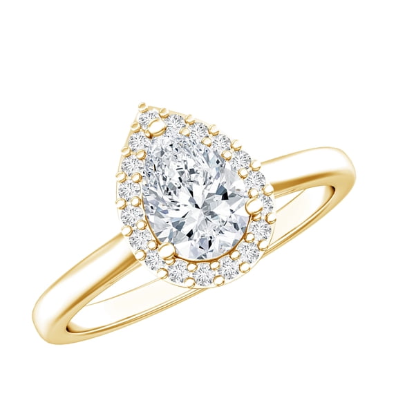 Rosec Jewels Moissanite Pear Shaped Engagement Ring with Halo - 5X7 mm - Teardrop Ring - D-VS1 Quality Certified, 14K Yellow Gold, US 6.00