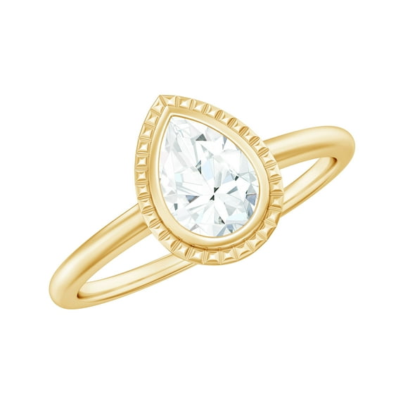 Rosec Jewels Certified Moissanite Teardrop Engagement Ring - Solitaire Ring - 5X7 mm Pear Shape - D-VS1 Grade, 14K Yellow Gold, US 4.00