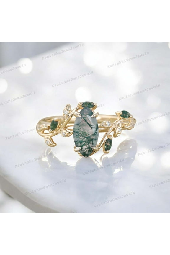 2 Ct 9x7 mm / Marquise Cut Moss Agate Engagement Ring Nature Inspired Women Jewelry New Year Gift Ring