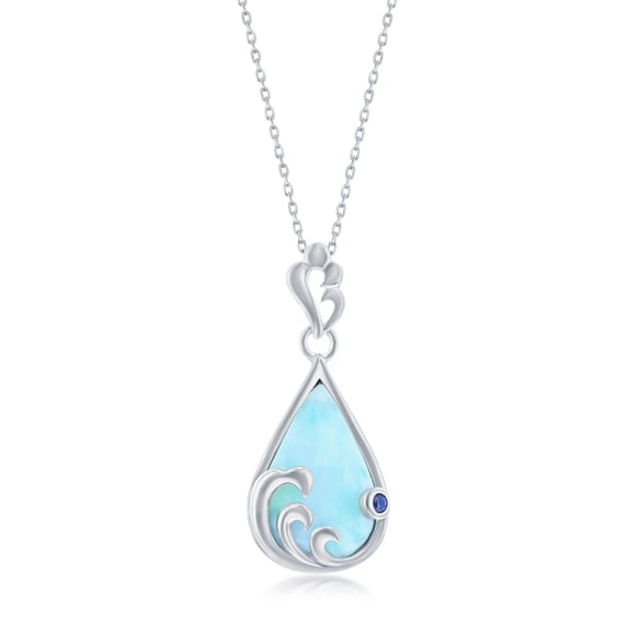 Pear-Shaped Natural Larimar Gemstone with Bezel-Set Created Sapphire and Wave Design 16+2” Pendant Necklace | Sterling Silver Necklace Jewelry for Women or Teens