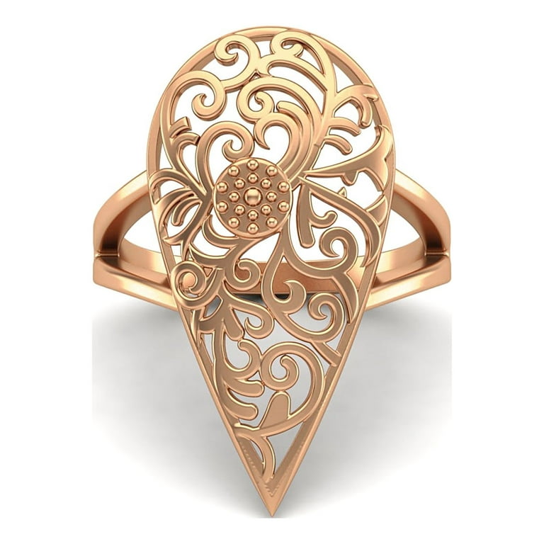 Pear-Shaped Open Filigree Wide Band 925 Sterling Silver Rose Vermeil  Cocktail Women Valentines Day Gifts Ring