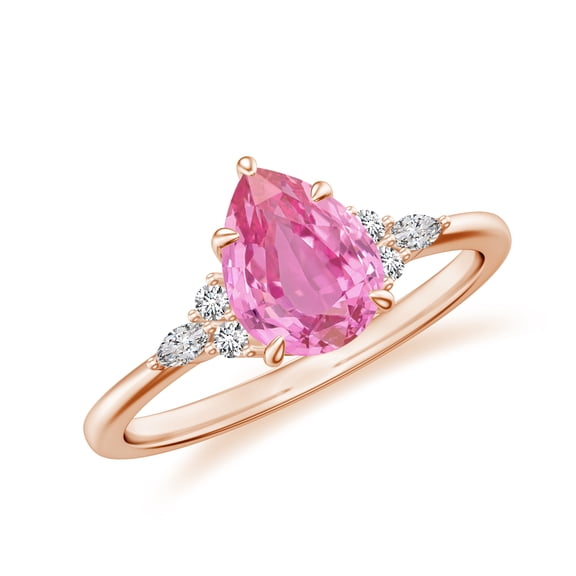 Pear Shaped Pink Sapphire Side Stone Engagement Ring with Moissanite in Sterling Silver/ Rose Gold Plated Trilogy Promise Wedding Band Ring September Birthstone Jewelry, Ring Size 9