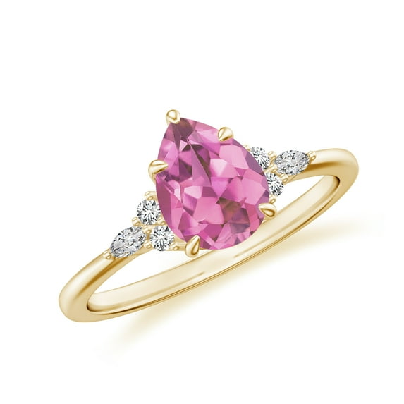 Pear Shaped Pink Tourmaline Side Stone Engagement Ring with Moissanite in Sterling Silver/ Rose Gold Plated Trilogy Promise Wedding Band Ring October Birthstone Jewelry, Ring Size 5