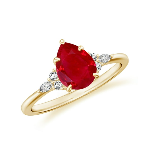 Pear Shaped Ruby Side Stone Engagement Ring with Moissanite in Sterling Silver/ Yellow Gold Plated Trilogy Promise Wedding Band Ring July Birthstone, Birthday, Anniversary Jewelry, Ring Size 8