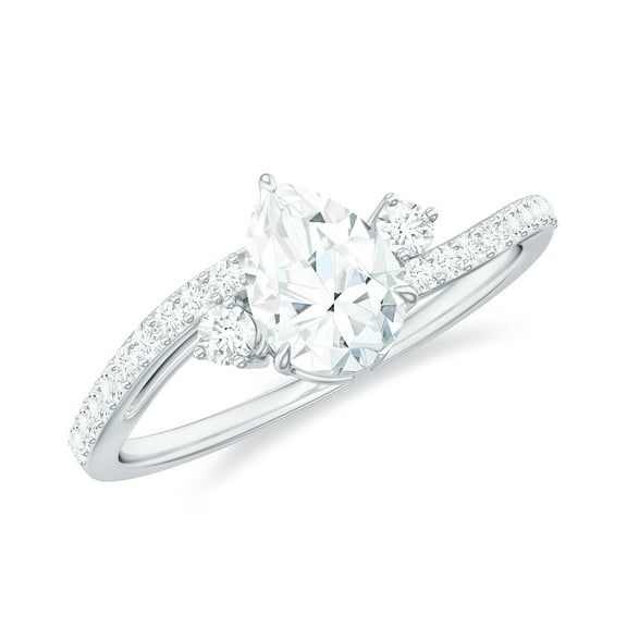Rosec Jewels Pear Shaped Solitaire Moissanite Bypass Engagement Ring with Side Stones (1.25 CT), 10K White Gold, US 5.50