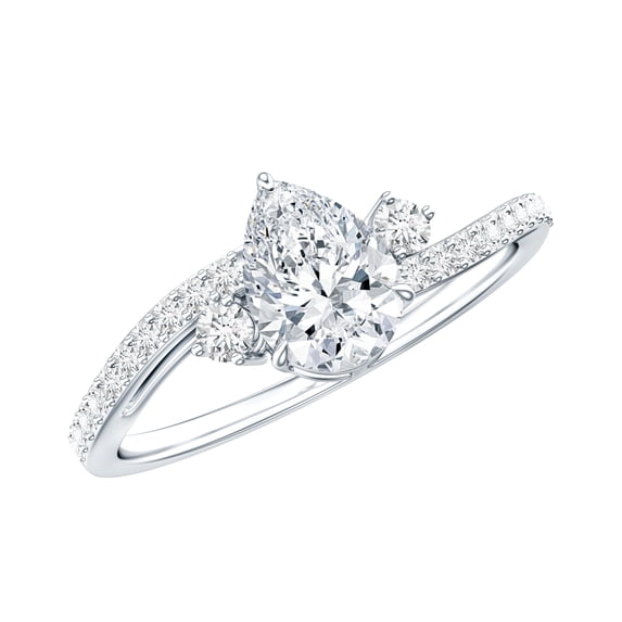 Rosec Jewels Certified Moissanite Pear Shaped Engagement Ring - 0.7 Ct - D-VS1 Quality - Bypass Ring for Women - with Jewelry Box, 925 Sterling Silver, US 4.00