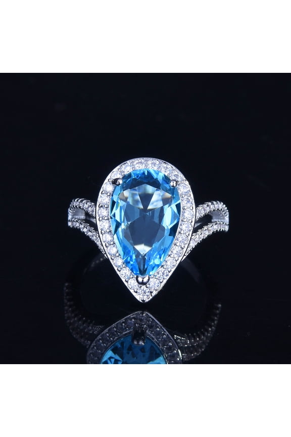 Pear Shaped Swiss Blue Topaz and Simulated Diamond Ring,Blue Halo Teardrop Pear Shape Cubic Zirconia Bridal Ring