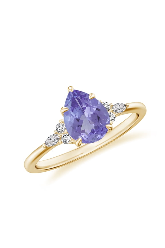 Pear Shaped Tanzanite Side Stone Engagement Ring with Moissanite in Sterling Silver/ Yellow Gold Plated Trilogy Promise Wedding Band Ring December Birthstone Jewelry, Ring Size 6