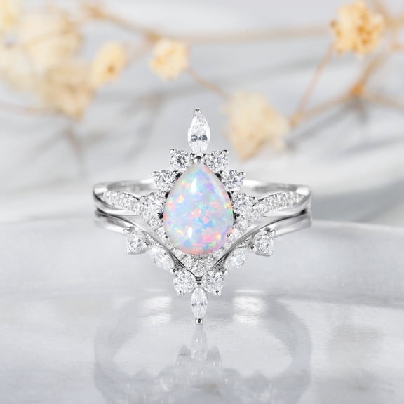 Pear Shaped White Opal Engagement Ring Set, 14k White Gold Plated Moissanite Cluster Promise Rings For Women, Fire Opal Anniversary Stacking Ring
