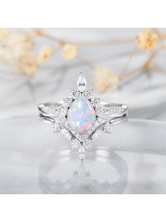 Pear Shaped White Opal Engagement Ring Set, 14k White Gold Plated Moissanite Cluster Promise Rings For Women, Fire Opal Anniversary Stacking Ring