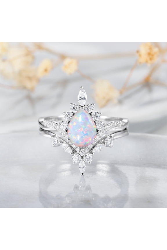 Pear Shaped White Opal Engagement Ring Set, 14k White Gold Plated Moissanite Cluster Promise Rings For Women, Fire Opal Anniversary Stacking Ring