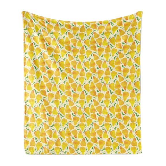 Pear Soft Flannel Fleece Throw Blanket, Watercolor Style Fruit Leaves and Polka Dots Drawn by Hand, Cozy Plush for Indoor and Outdoor Use, 60" x 80", Yellow Marigold, by Ambesonne