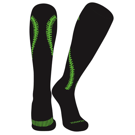 Pear Sox Softball Stitch Knee high Socks - Black, Neon Green (XL)