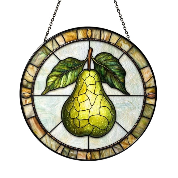 Pear Stained Glass Window Hanging, Green Fruit Suncatcher Decor, Cheerful Kitchen Gift