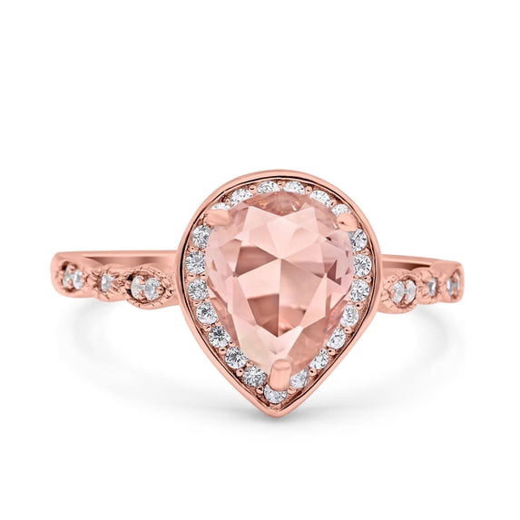 Pear Teardrop Art Deco Ring Rose Tone Morganite CZ 925 Sterling Silver Size 10