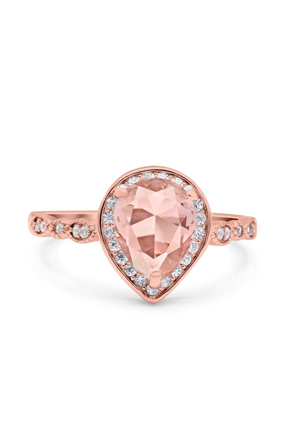 Pear Teardrop Art Deco Ring Rose Tone Morganite CZ 925 Sterling Silver Size 8