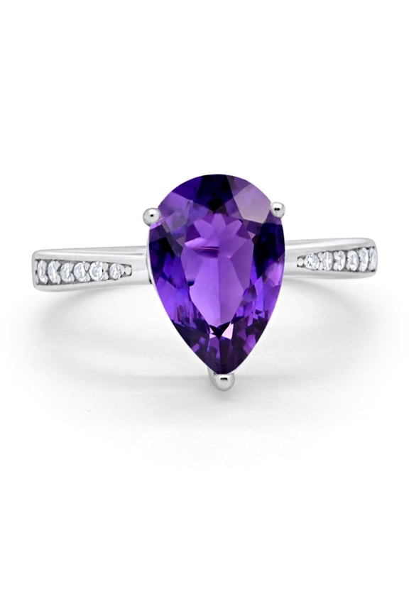 Pear Teardrop Bridal Ring Round Amethyst CZ 925 Sterling Silver Size 12