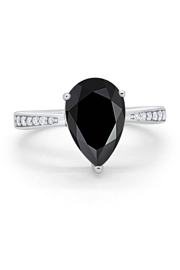 Pear Teardrop Bridal Ring Round Black CZ 925 Sterling Silver Size 7