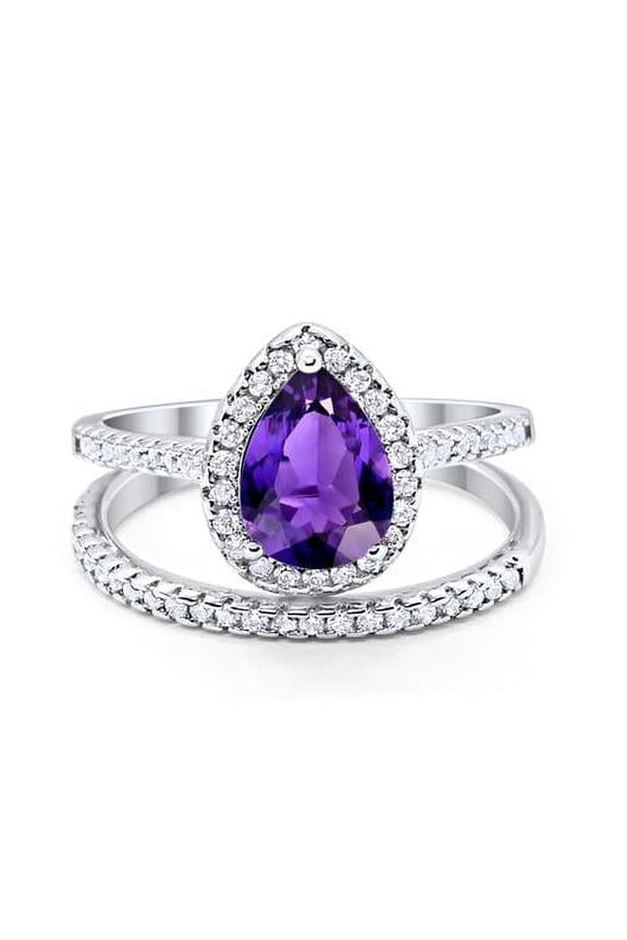 Pear Teardrop Bridal Set Ring Amethyst CZ 925 Sterling Silver Size 10