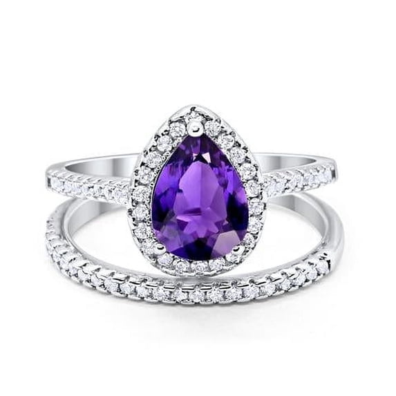 Pear Teardrop Bridal Set Ring Amethyst CZ 925 Sterling Silver Size 6