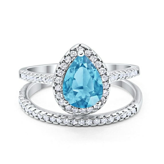 Pear Teardrop Bridal Set Ring Aquamarine CZ 925 Sterling Silver Size 11